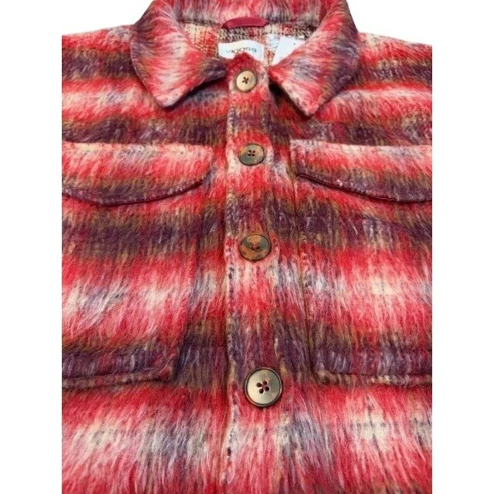 Vigoss Womens L Plaid Shacket Red Purple Fuzzy Cropped‎ Button Front Jacket NWT